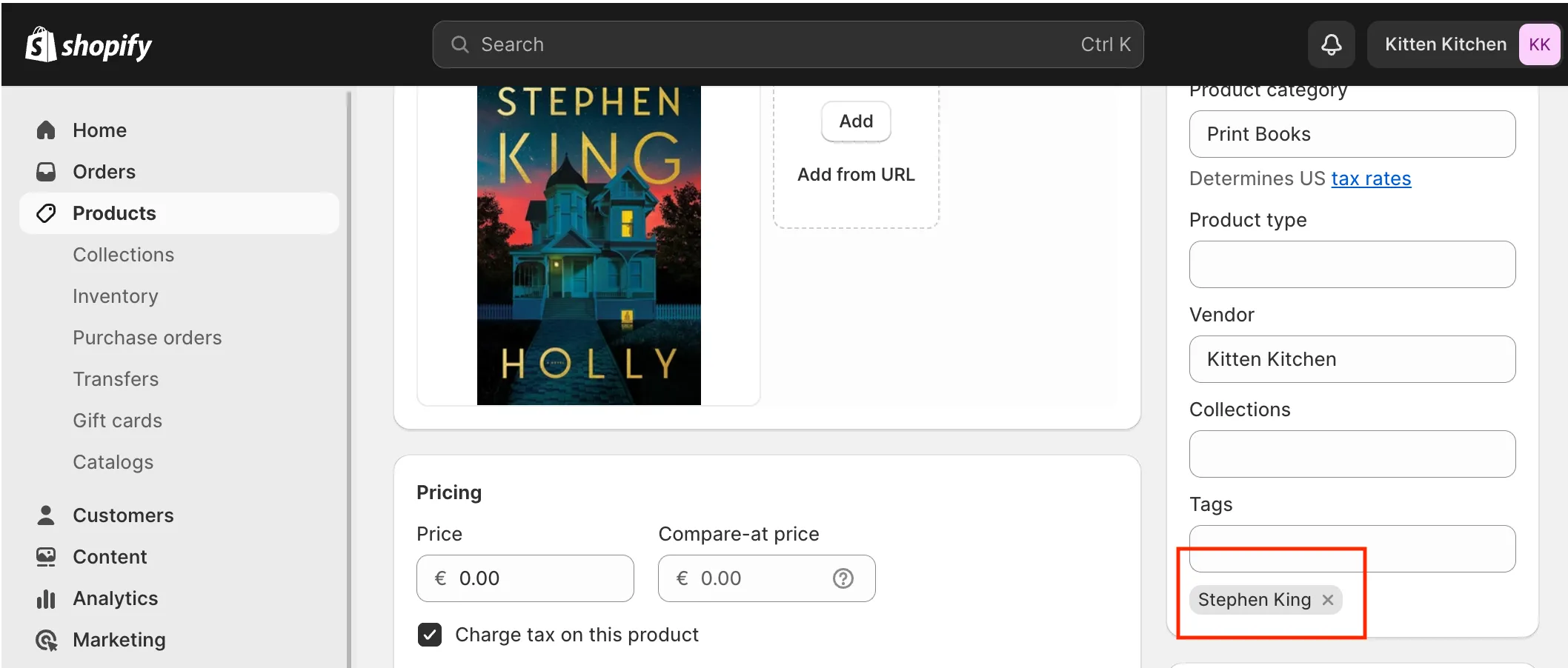 Shopify product form: book author in the tags