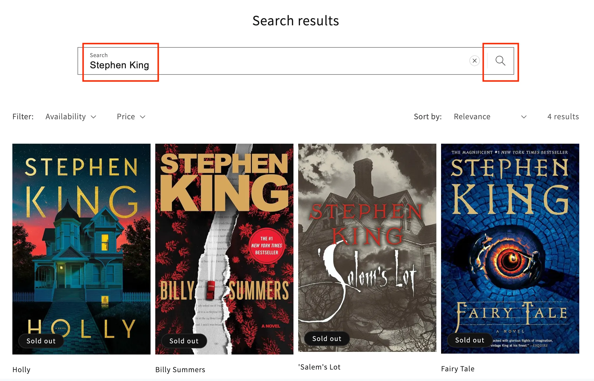 Shopify bookstore search results: author in vendor