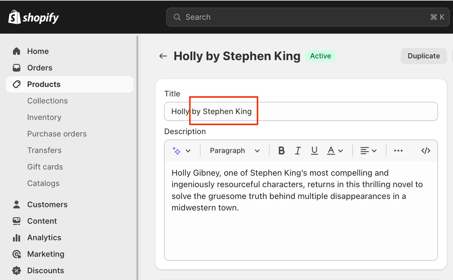 Shopify product form: book author in the title