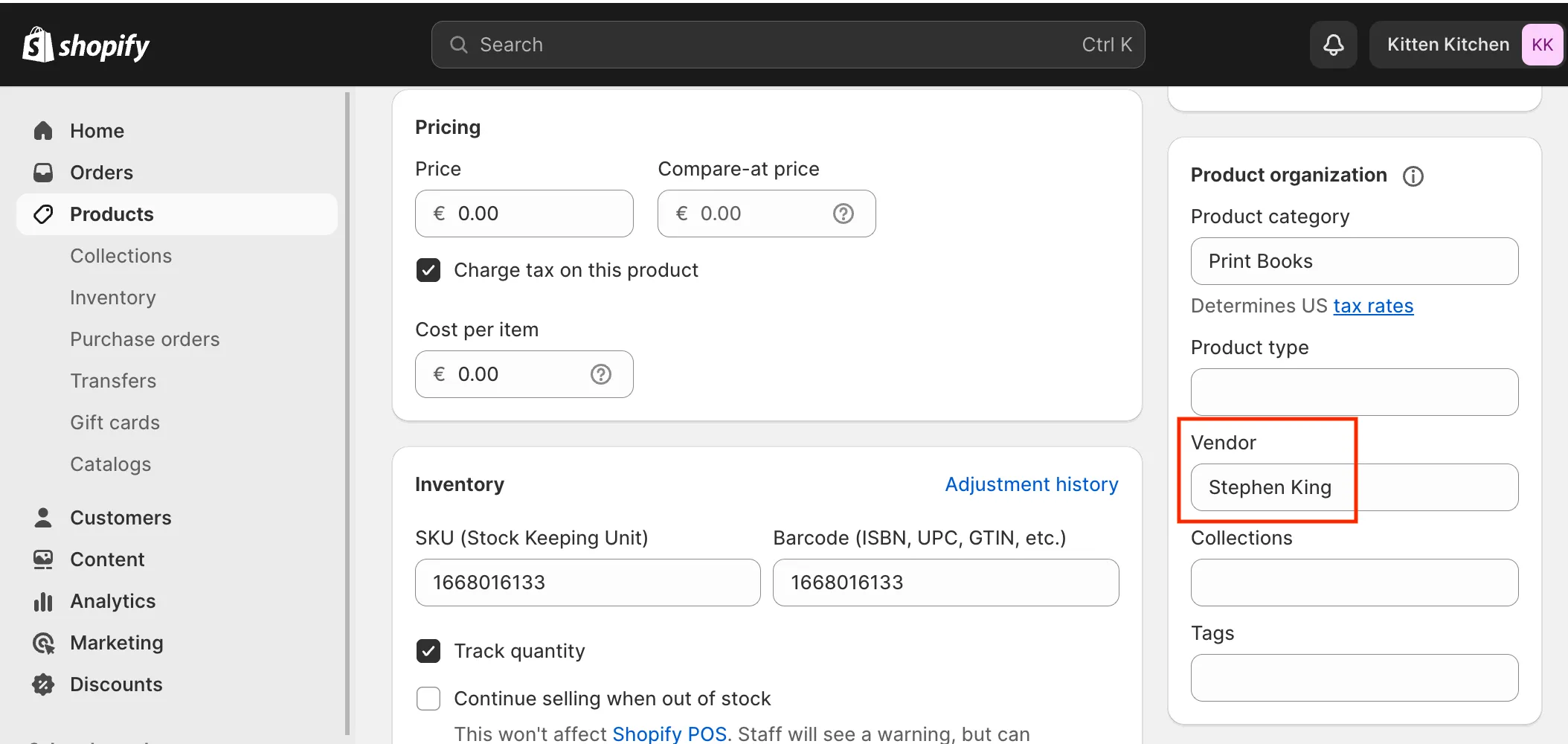 Shopify product form: book author in the vendor